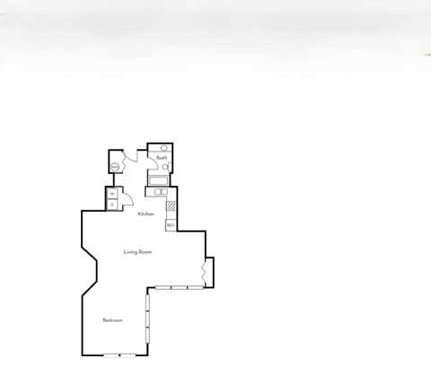 A floor plan of a house with a living room, bedroom, and kitchen.